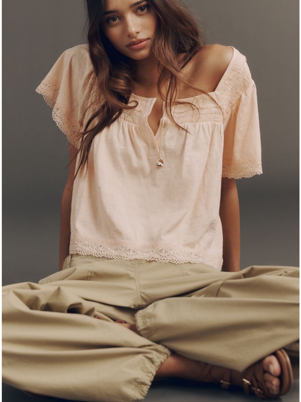 Anthropologie Lace-Trim Peasant Top - Women NWT - small - peach parfait